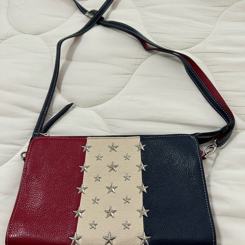 Brighton Red and Blue Crossbody Bag with Unique Tricolor Design